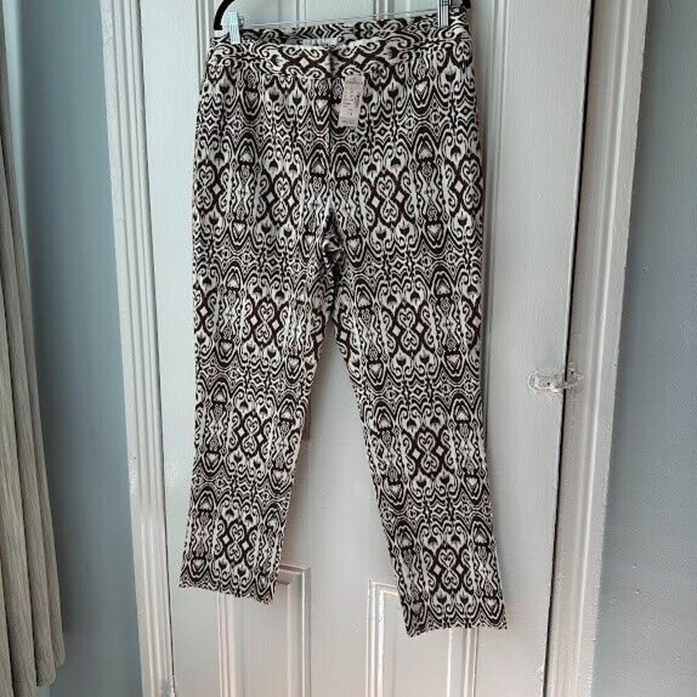 Dress Barn Jones Studio Pants Womens 14 White Brown Jacquard Boho Ikat NWT